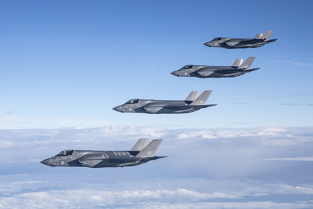 Pictured are four of Britainâ€™s new cutting-edge F-35B aircraft, flying over the UK in June 2018. The first of Britainâ€™s new cutting-edge aircraft arrived into RAF Marham their new home in Norfolk.