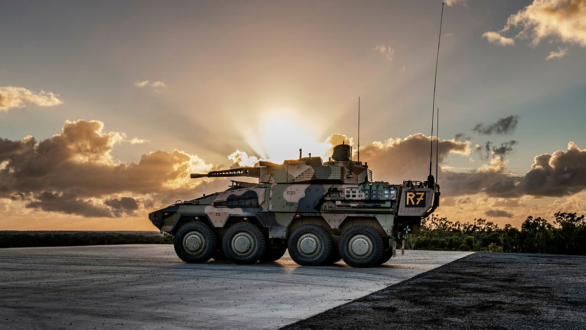 An Australian Army Boxer Combat Reconnaissance Vehicle stands on the firing point at Wide Bay Training Area, Queensland during a turret conversion course.